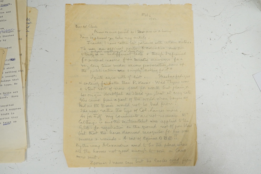 Archive of the Courthouse Farm Stud, Offham near Lewes and the Clark family, 1900-2014, including an important series of letters from Lady Anne Blunt at the Sheyk Obeyd Stud, Ain Shems, Egypt, 1912-1917, and her daughter